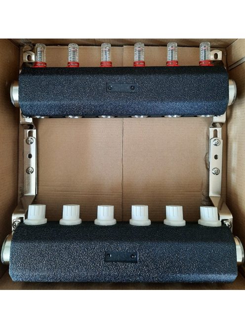 Osztó-gyűjtő 4 fűtési körrel, áramlásmérővel, rozsdamentes acél házzal, szigeteléssel, 1"-3/4" BRH