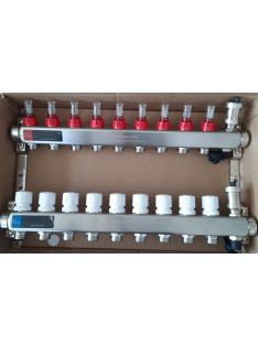   Osztó-gyűjtő 9 fűtési körrel, áramlásmérővel, rozsdamentes acél házzal, légtelenítővel, töltő-ürítővel, 1"-3/4" BRH