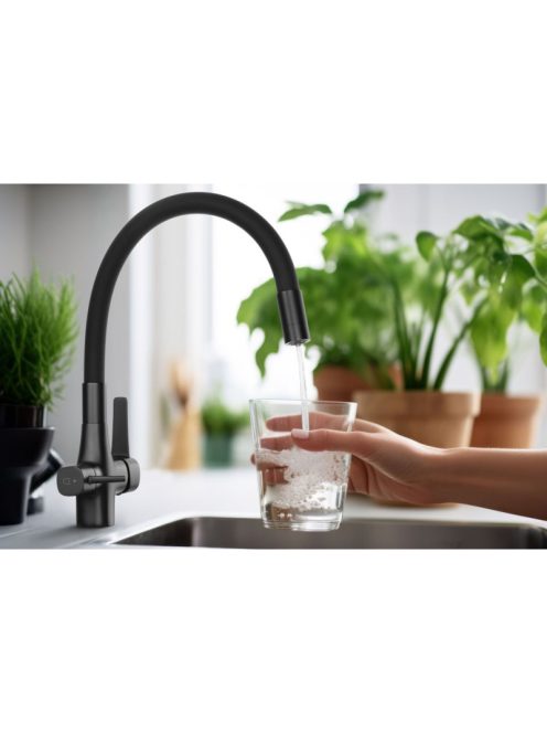 Invena Glamour  konyhai csaptelep flexi kifolyócsővel, pult alá szerelhető IVÓVÍZ SZŰRŐVEL, fekete