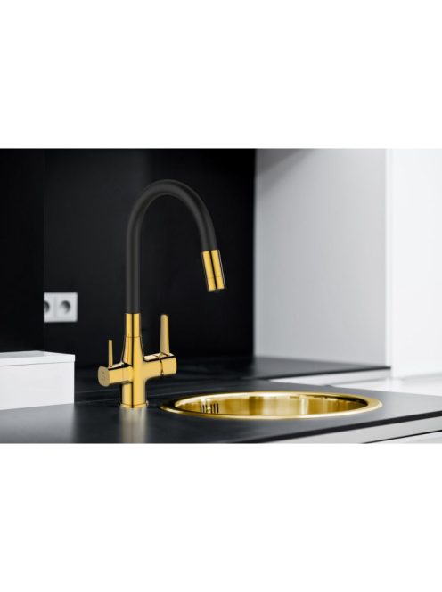 Invena Glamour  konyhai csaptelep flexi kifolyócsővel, pult alá szerelhető IVÓVÍZ SZŰRŐVEL, fekete-arany