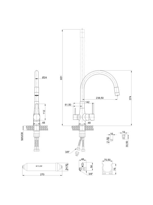 Invena Glamour  konyhai csaptelep flexi kifolyócsővel, pult alá szerelhető IVÓVÍZ SZŰRŐVEL, fekete-arany