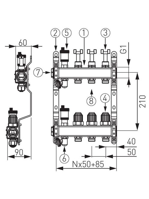 Osztó-gyűjtő 12 körös padlófűtéshez inox Ferro